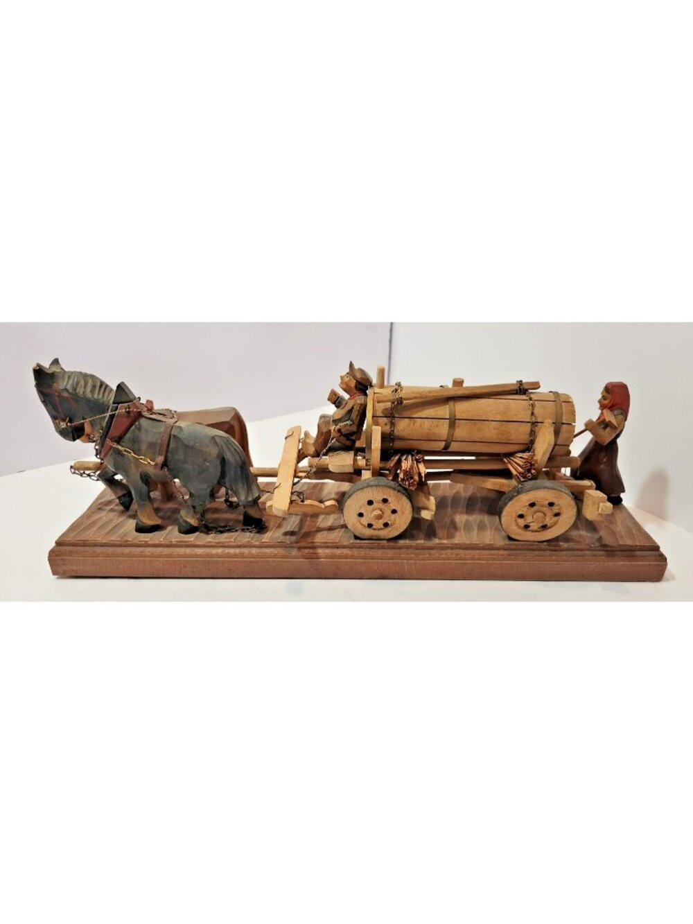Vintage German Carved Wood Horse Drawn Beer Water Wagon with a Man and Woman